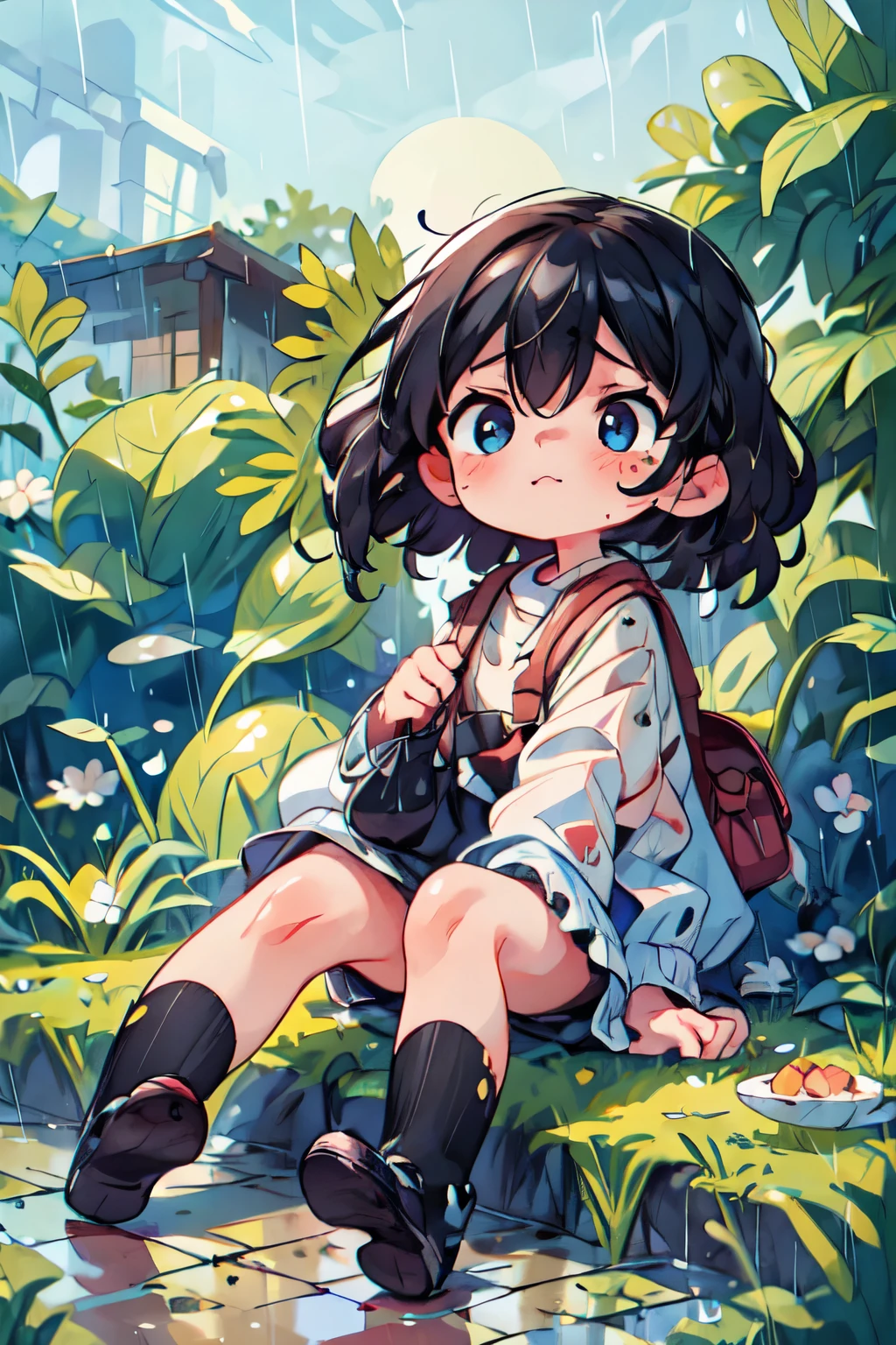 masterpiece, best quality, cute, kawaii, 1 girl,,solo,black brite hair, blue eyes,confused fase,in the slum,poor,dirty,hevy rain,food on the ground,colorless,outside,tear drop, wet clothe