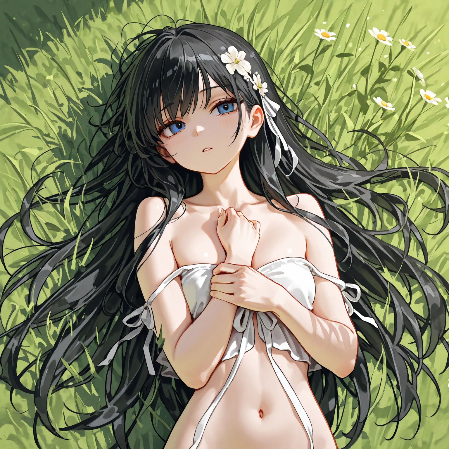 ((Best Quality)), ((Masterpiece)), Loli, High Detail, 8k, Black Hair, 1girl, Big Ass,Freckles on Face ,NSFW:1.5, Masterpiece, Best Quality, High Quality, High Definition, High Quality Texture, High Quality Shadow, High Detail, Gorgeous Detailed, Finely Detailed, Extremely Detailed CG, Detailed Texture, A Realistic Representation of the Face, Colorful, Delicate, Cinematic Light, Side Lighting, Lens Flare, Ray tracing, sharp focus, (1girl, __focus__:1.3), (complex details, makeup, PureErosFace_V1:0.5),, black hair, white dress, green eyes, green eyes, bare legs, jewelry, hands on chest, transparent, looking at the viewer, hair ornament, erotic pose, (masterpiece, top quality, best quality, official art, beautiful and aesthetic: 1.2), (1 girl), extremely detailed, colorful, more detailed, (huge breasts: 1.2,) upper body, bottom, white panties,