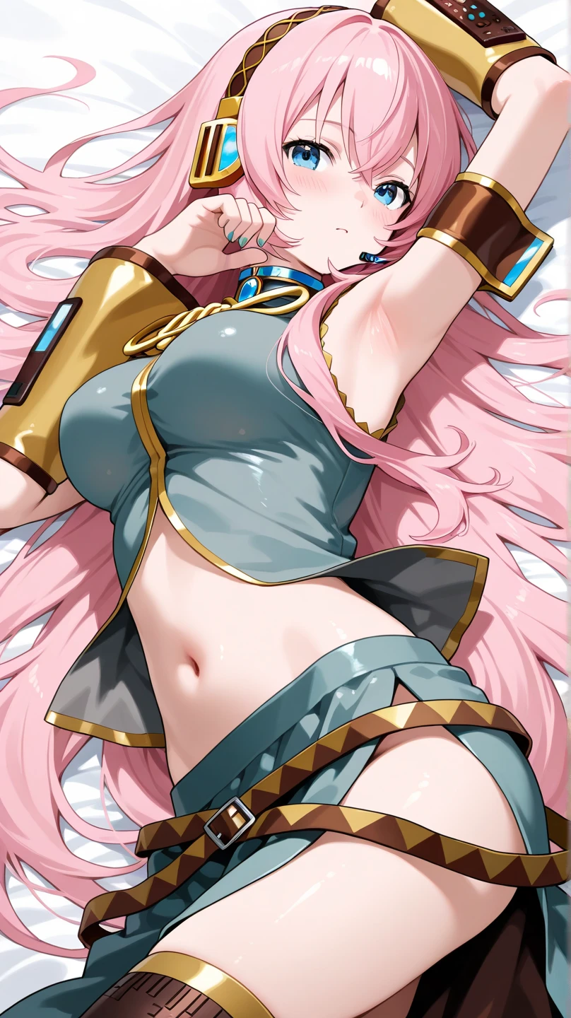 Official Art,{{{1Man Beautiful Adult Woman}}},Vocaloid Megurine Luka,Pink long hair,blue eyes,Big Breasts,lure:1.0,bed,