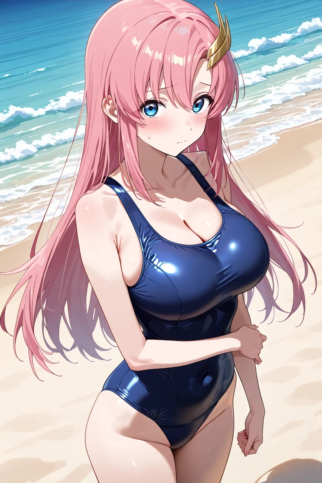 sexy woman、(pink haired woman)、straight hair woman、((Beautiful busty woman:1.3)、(A woman wearing a navy blue one-piece school swimsuit:1.4)、nice sexy body、one woman