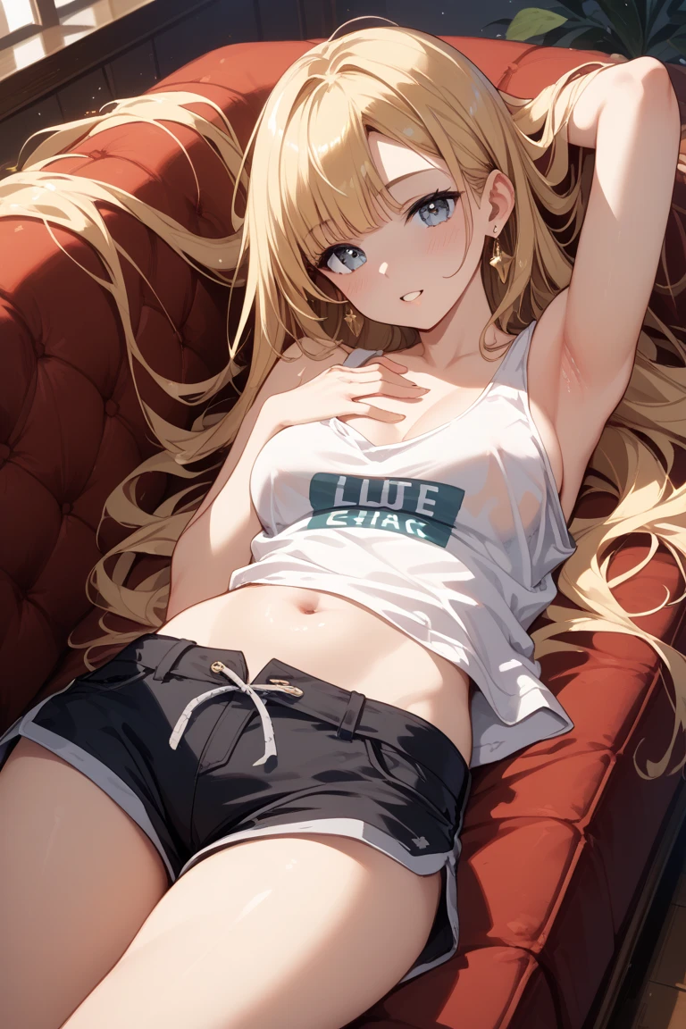 Masterpiece, top quality, very detailed, perfect anatomy,{((((1girl)))), blonde hair, long hair, sitting, couch, facing the viewer, indian style, (Sexy lingerie: 1.4), sports bra, laces, full body, bare feet, barefoot, sweat, wet, embarrassing, blush, shiny skin}, V arm, crotch covering, BREAK, standing at back of couch, group shot, ((((Multiple men)))), 6+ men, ((( black man))), blacked, boxers, briefs,