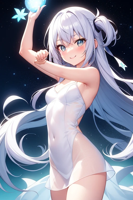 masterpiece, Highest quality, Highly detailed CG Unity 8k wallpaper, High School Girl Anime Illustration. Please wear a small bikini., Open your arms, Her eyes and mouth are open, smile. Silver Hair, black eye, twins, Bokeh Photo, (Soft Focus):1.2, Out of focus highlights, Dreamy atmosphere, Rotating Circle, Fascinating Depth, The background is a realistic fireworks landscape,Low Angle,As if capturing the whole body