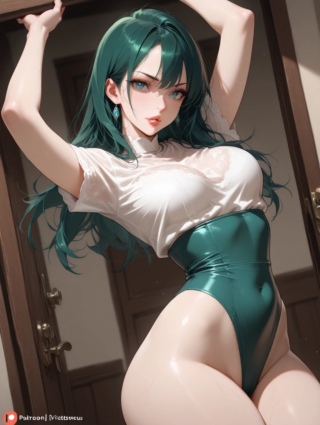 Persona 5 Art Style, Persona 5 Style, Kasumi Yoshizawa, Girl in Swimsuit, Full Length Portrait, High Quality, Ponytail, Small Breasts, Bangs, Smooth Thighs, Patsun, Top Quality, Ultra High Definition, Fine Eyes, Slender Legs, Fine Beautiful Eyes, 8K, White Bikini, Green Hair