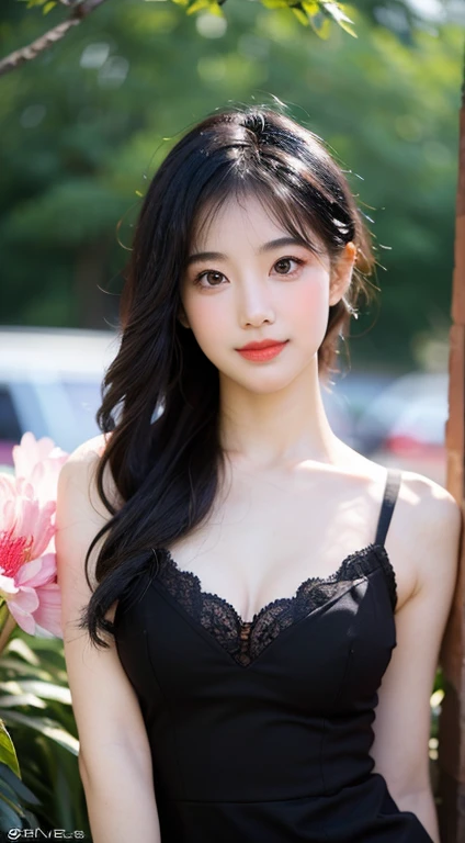 Special clothing44,Lace,diaphragm,shirt,mini skirt, ((Cowboy shooting)), Red lips, Mature woman, cosmetic, Realistic、real picture、((Realistically:1.5))、White phalaenopsis around hair，Lilac dendrobium、White Lily、1 girl、brown hair、Floating hair、Full breasts,No bra, slim body, Charming legs, A big smile, Striking an elegant pose, Have extremely beautiful facial features、Hairpin on head、Perfect hands、(night、moon、cliff)、 Vector Art、Chinese Contemporary Art、Soft Lighting