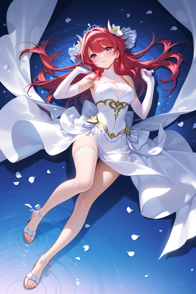 Princess of the 18th century,off the shoulder dress,White taffeta,Roman heels,Soft and smooth red hair、Rounded forehead、Long eyelashes、Deep rose red eyes、Swan-like neck、Clear butterfly bone、Delicate and gentle skin、Exquisite calves、Slender ankles、long slim figure,Evenly stopped flesh and bones,Mental age is younger than appearance,Like a well-behaved cat