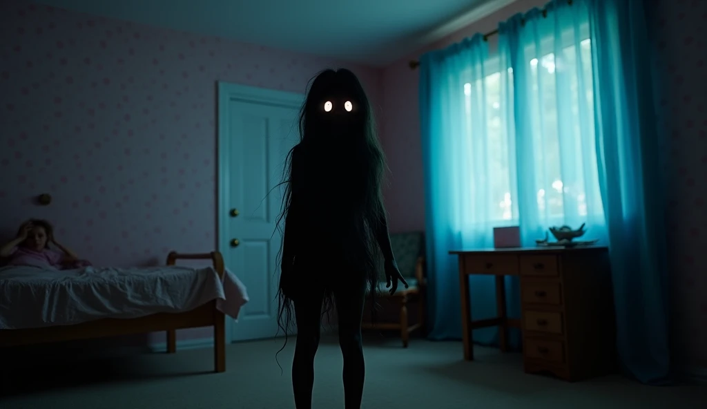 Night room, dark room, completely darkened room, tv turned on, sepia, grainy, creepy environment. creepypasta is a scary entity in the form of a girl with very big eyes and a scary.