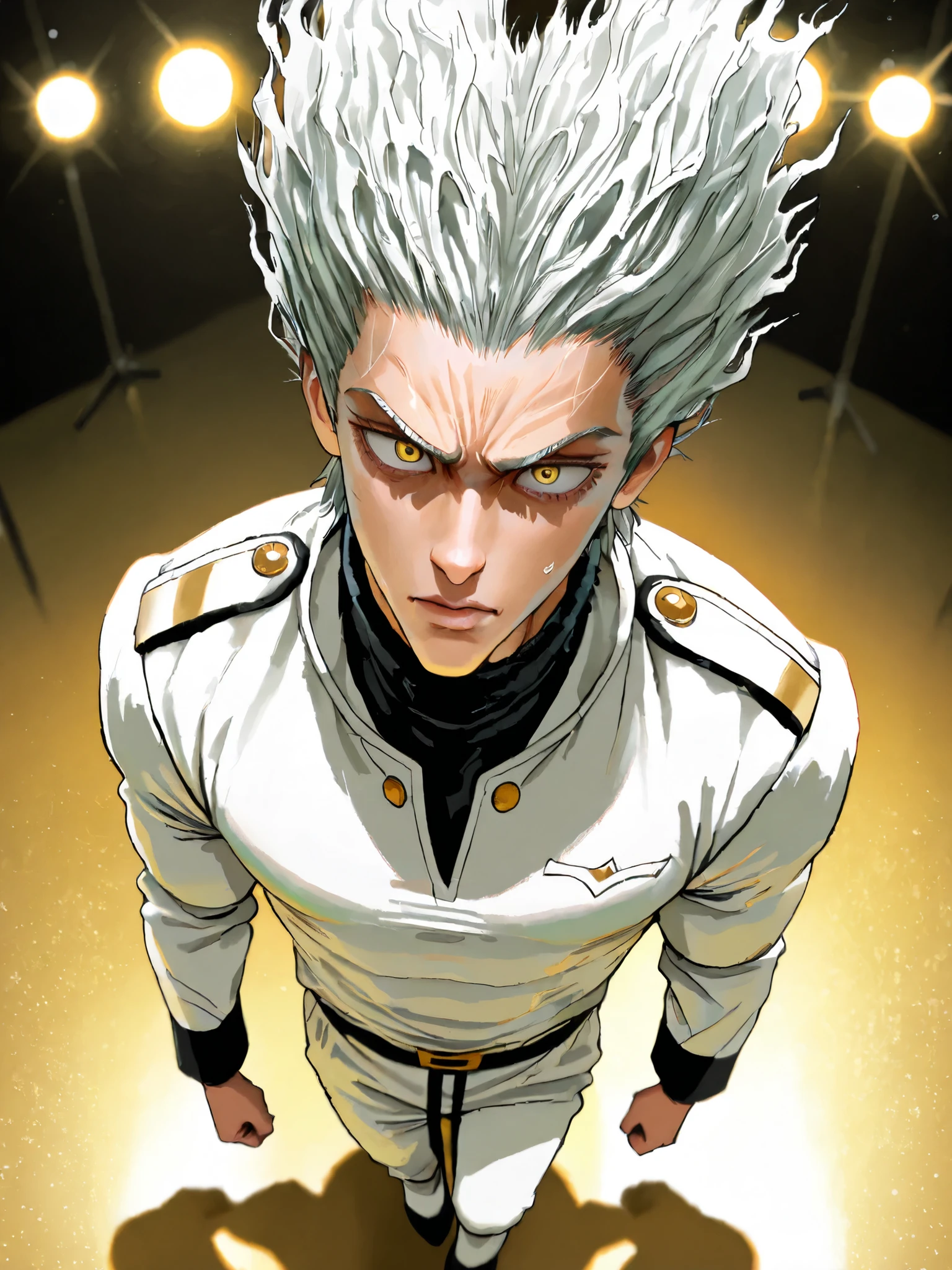 Garou, One Punch Man, yellow eyes, gray hair, 18 years old, guy, 177cm, Black Chewy Neck Polar Revealing the Body, White uniform pants, Uniform Straps, Full Body High Definition,Masterpiece,Extremely detailed,Realistic,photorealistic,HDR,UHD,Studio Lighting,Ultra Detailed Description,Professional ,vivid color,Bokeh Young Male Figure, golden eyes, short white hair, nervous expression , 177cm tall, Muscular physique, Black Fitness Top, White Uniform Bottoms, Dowry Waistband, Full Body Shot Shadow Background in a Golden Landscape, bright lights, Deep Depth of Field, Intense Saturation and Contrast