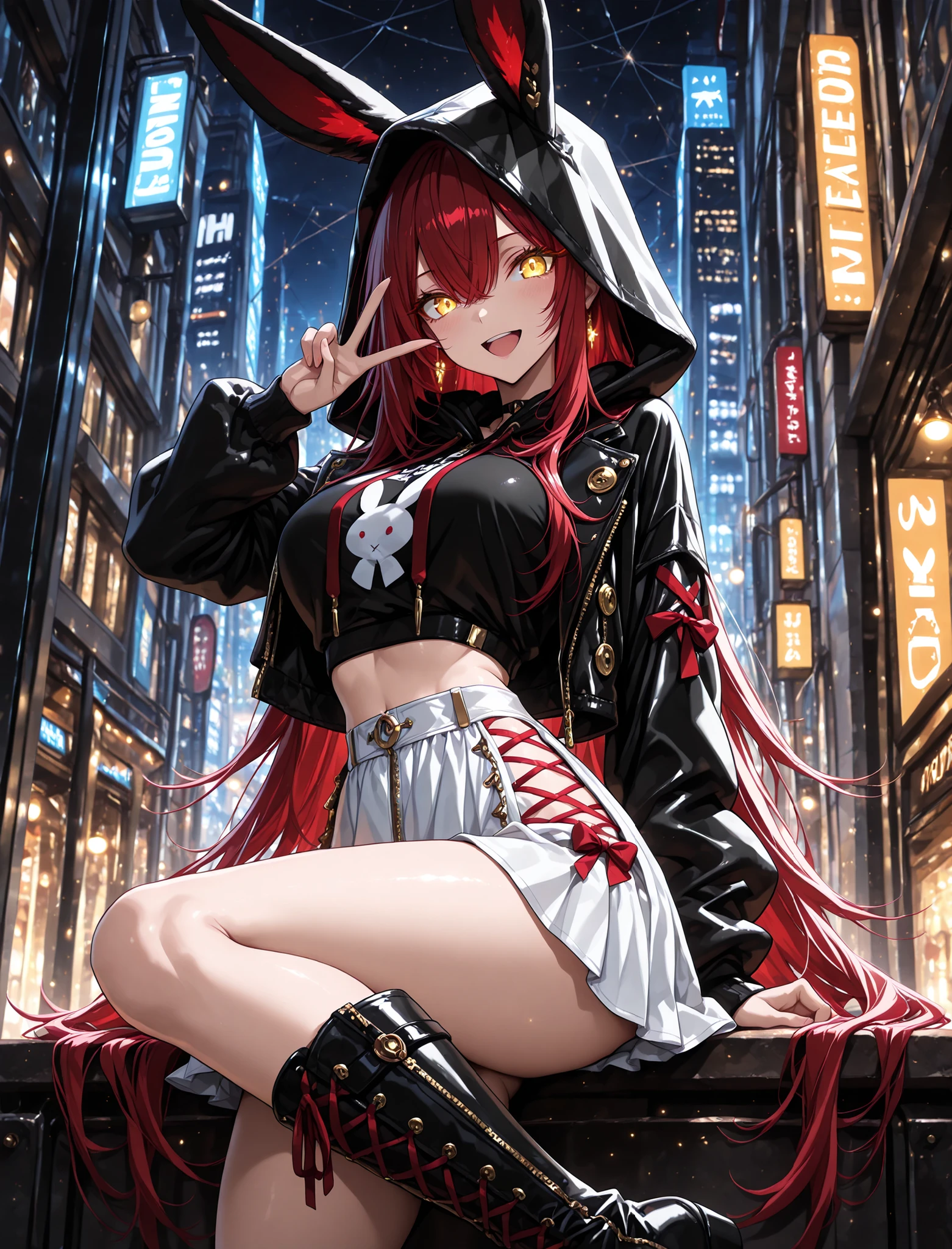 glowing eyes, rabbit ear jacket, crop top, hood up, bow on chest, mini white skirt with , laced skirt, knee high boots, 1 girl , golden eyes , very long hair , long sidelocks, red hair , petite , very cute , beautiful ,Straight hair, cool, handsome, hair between eyes, mediumlarge breast, solo,detailled reflections of light, lights particules, detailled background, city, masterpiece, anime style, lots of glowing particles,((4k,8k,Ultra HD)),((Masterpiece :1.2)),((Best quality :1.2)),((Detailed :1.5)),((Detailed background :1.5)), happy, jop, v, scenery, open mouth, dynamic pose