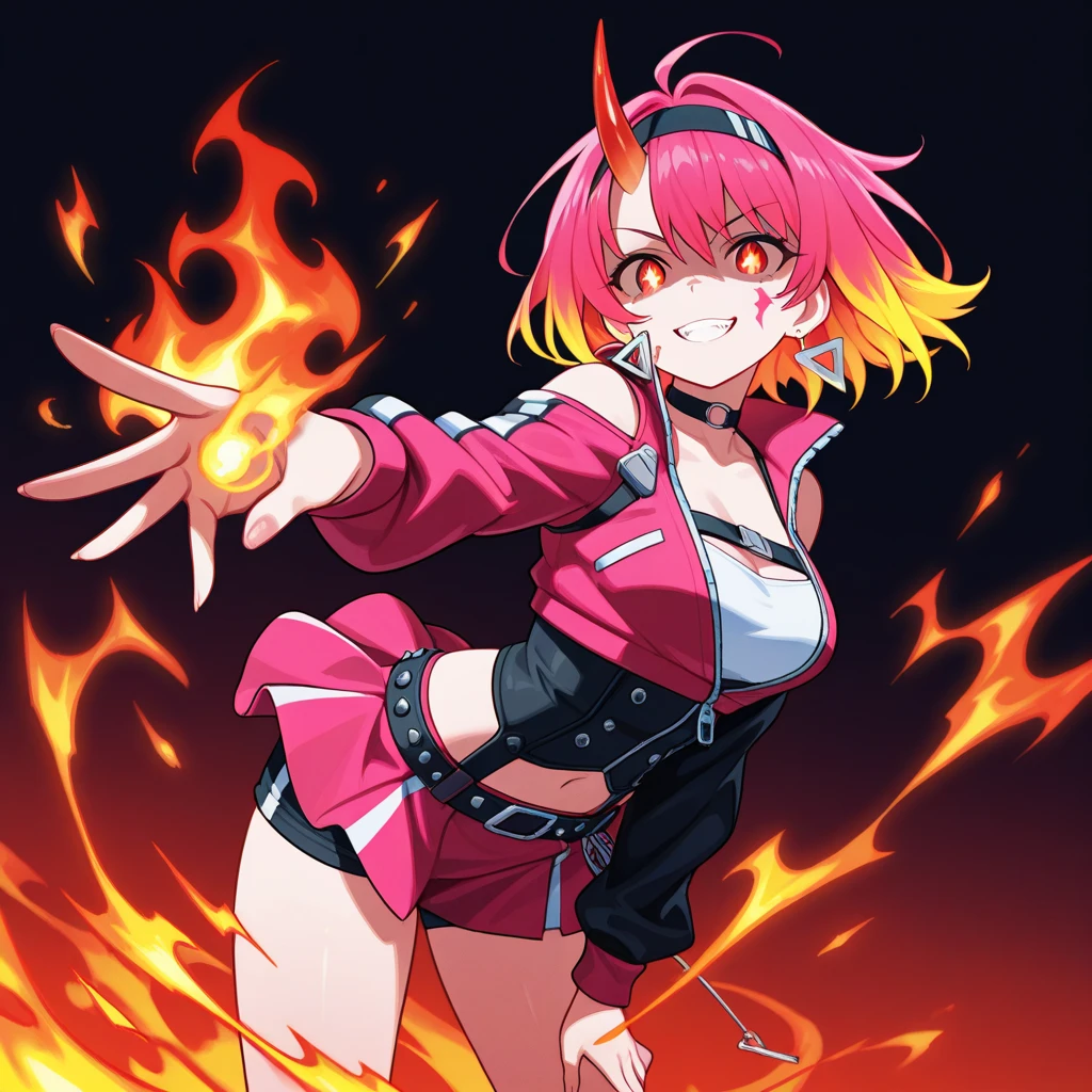 Chibi, 1girl, solo, pink hair, red eyes, large breasts, white top, open red jacket, navel, (jeans shorts), army boots, fingerless military gloves, ponytail hair, (((burning hand)))