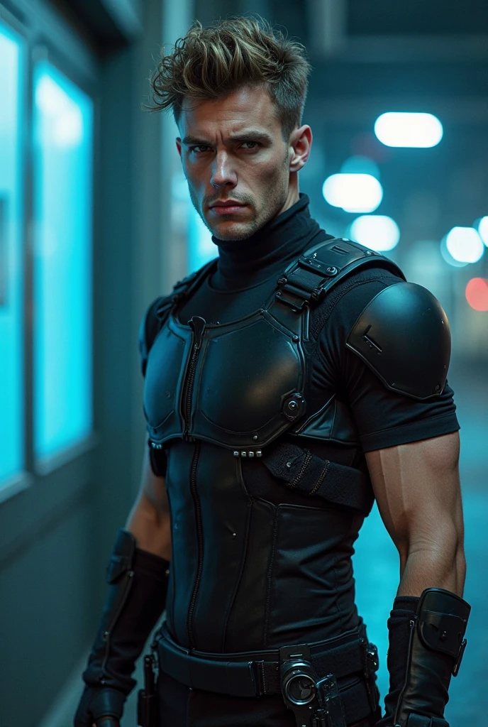 RAW photo, robert_zdar, sci-fi, cyborg, eye-patch, eyepatch, 8k uhd, dslr, soft lighting, high quality, film grain, Fujifilm XT3, medium shot, upper body, full body, <lora:robert_zdar_1500:0.85>