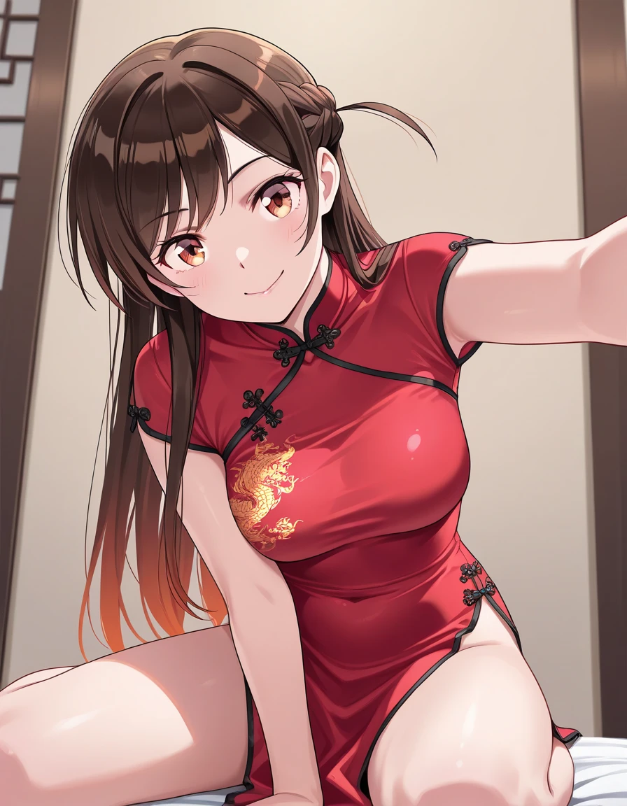 Takagi-san、Shiny brown hair, Long Hair,Forehead、Center part、 Beautiful brown eyes、smile、Sparkling eyes, (fine grain)、Very fine eye、Highly detailed face, Highly detailed eyes,
(masterpiece:1.3, Highest quality, 超High resolution, Super detailed), Cowboy Shot、 One woman,Highest quality, masterpiece, High resolution,
Tabletop,Highest quality,High resolution,The finer details,
blush,curve,Large Breasts,Sweat,Oily skin,(Sleeveless Chinese mini dress with vibrant embroidery),(Luxury hotel room)、、Embarrassed laugh、Slouching and stretching the bottom、Absolute area