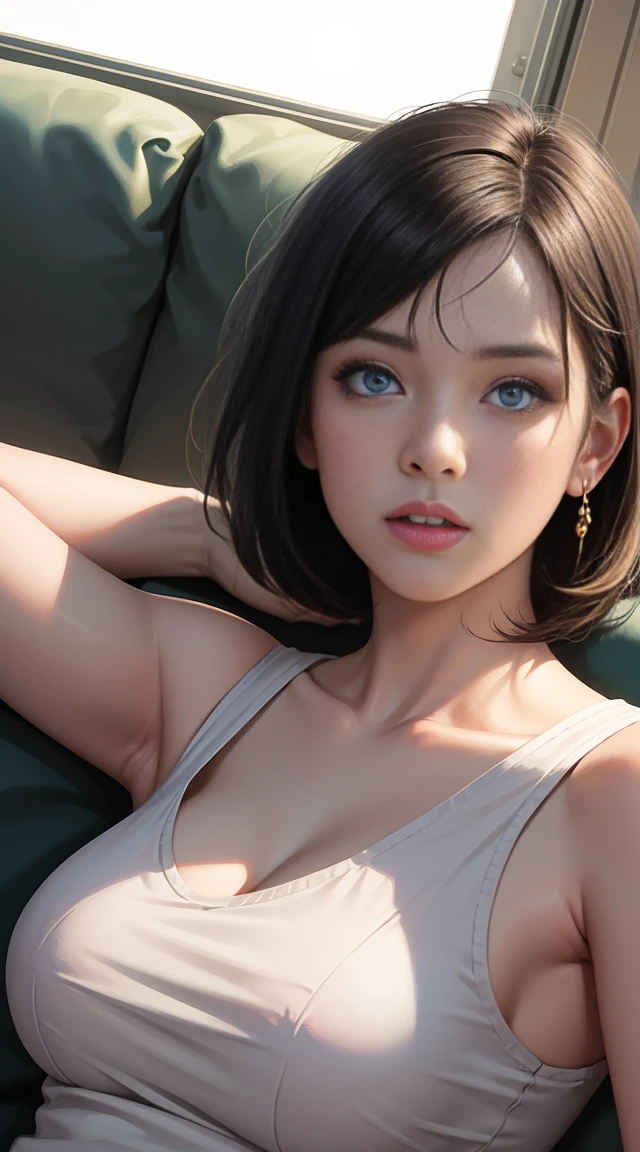 Reality, high resolution, Soft Light,1 Woman,Upper body photo, Solitary, Hip lift, View Viewer, (Delicate face), short hair, lying on the grass, Looking from the bottom up, Show your upper body, secretary, Black skirt, stockings, plump breasts, Not worn, Not worn, Focus on your nipples, White skin, Skin is flawless, soft and shiny