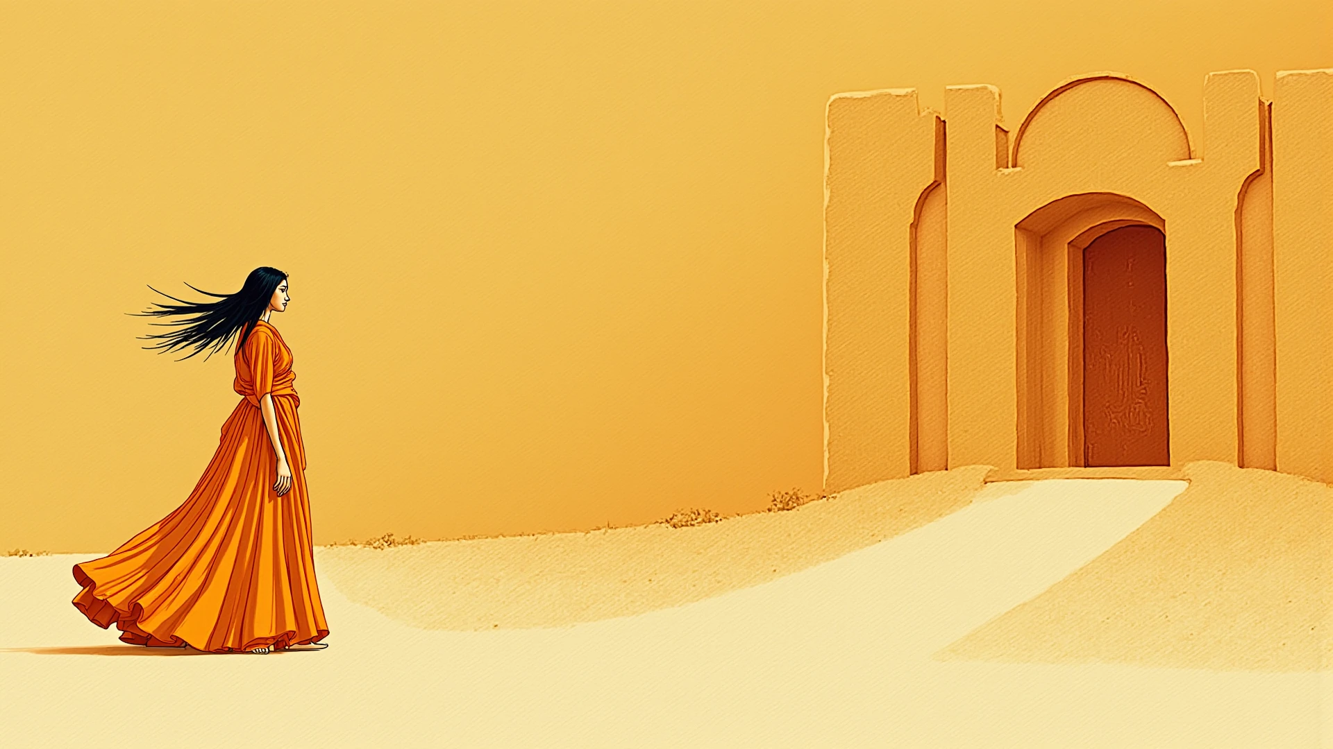 Show me a landscape  image of  a  brown woman  covered  with niqab  and hijab  painting a yellow wall