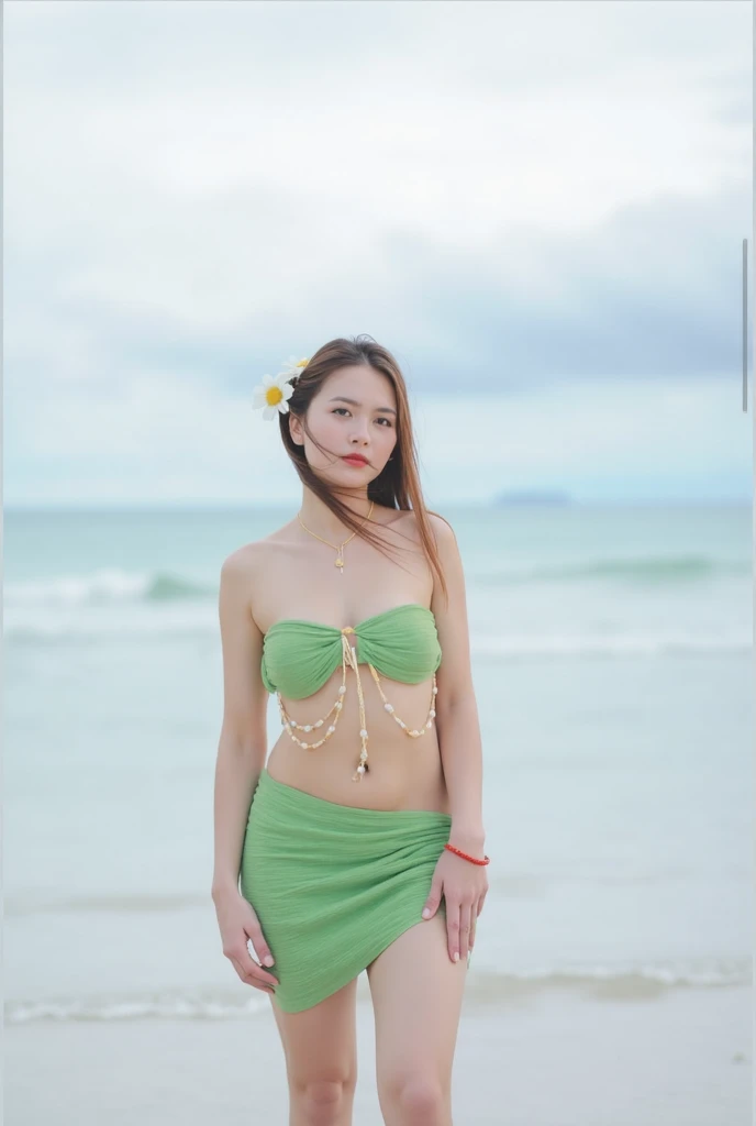 A beautiful, large Isaan woman wearing a two-piece swimsuit made from brightly dyed seaweed stands on the beach holding a very large sea shell with both her hands.