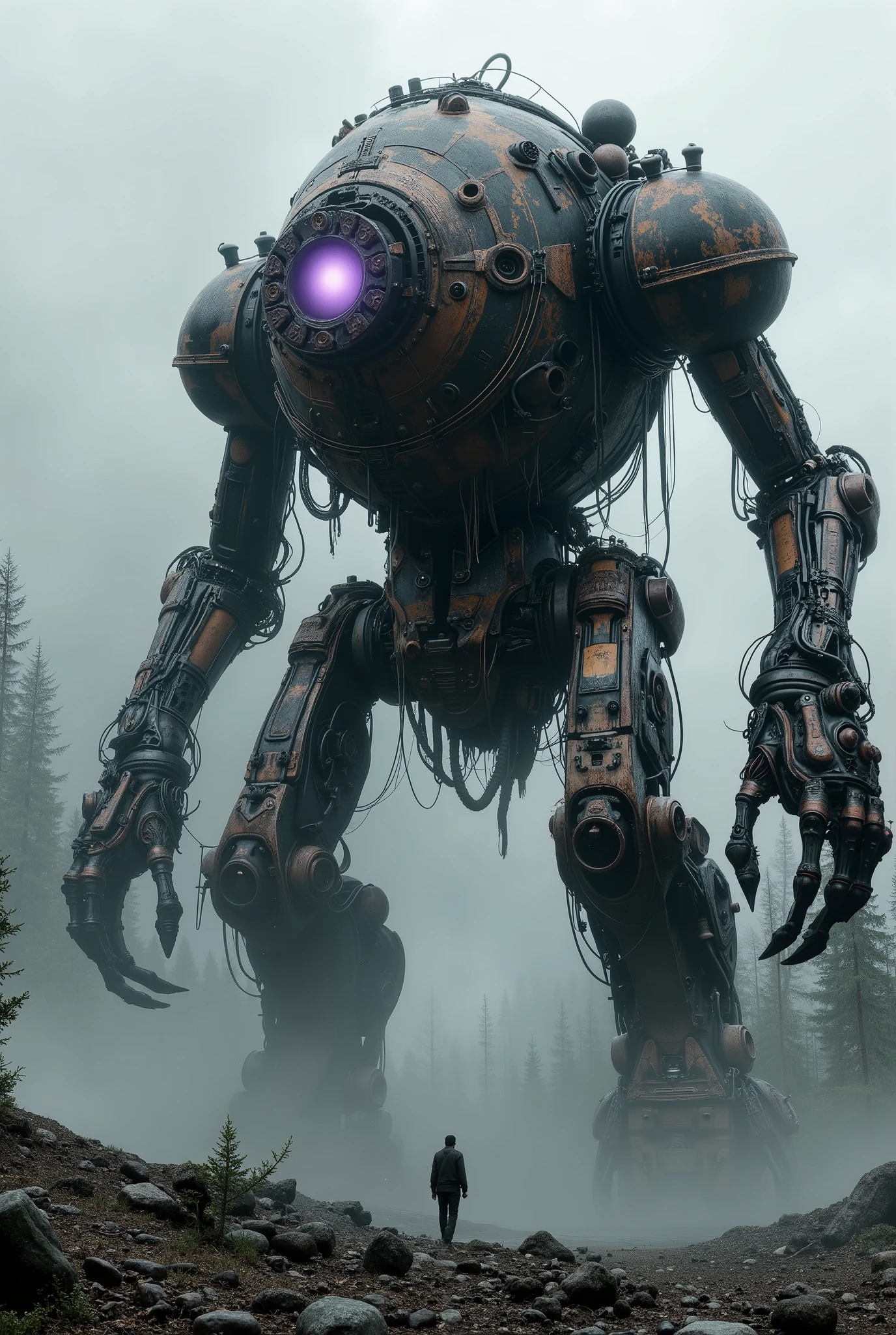 military robot like a tank、(1.5)、(An intimidating feeling like a chariot:1.5),(wacky, perverted, and bizarre design without a head:1.5),(the dark dark metallic body is rusted:1.5)、(Height50mRobot 1.tanding in the fog of the forest、(A robot with a very creepy atmosphere:1.5),(main body that can be seen3There is a large reactor that glows purple in the center of the:1.5)、heavy and intimidating robot、(wacky, perverted, and bizarre design without a head:1.5)、Extremely Huge Robot、A is looking up at the robot、(There are extremely organic parts:1.5),