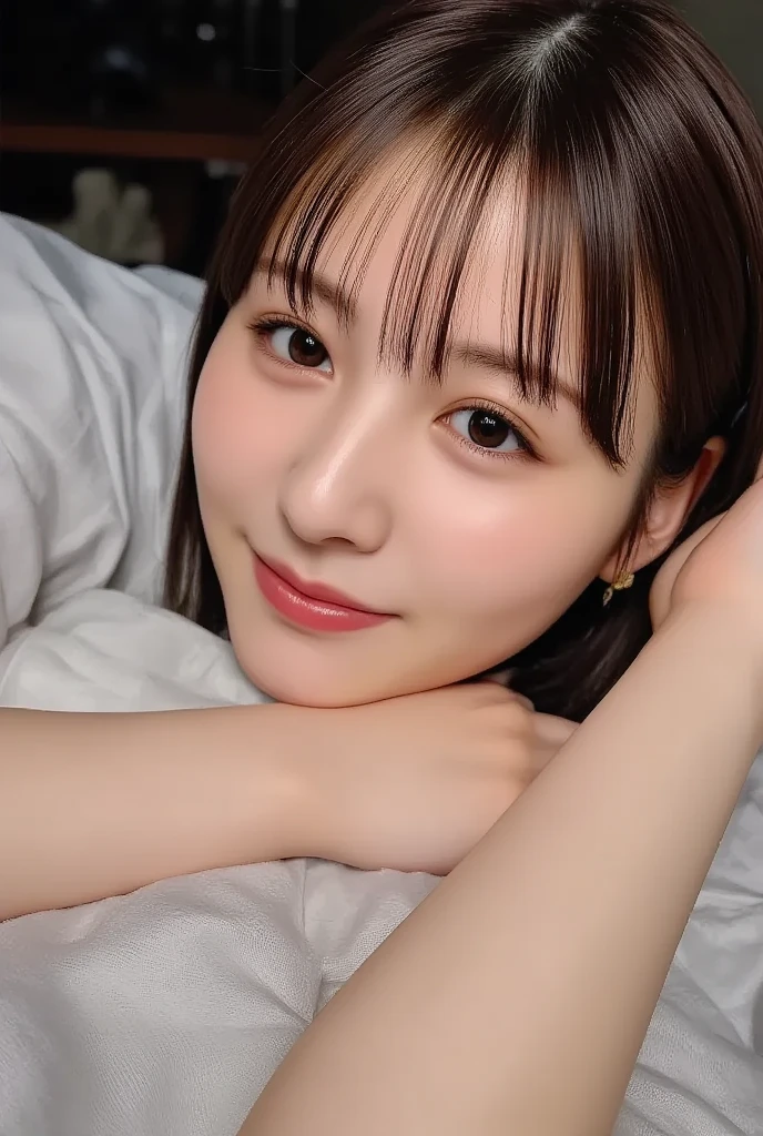 1 girl, ((8K, born, masterpiece: 1.4)), (professional photography, sharp:1.2), ((portrait shot)), perfect dynamic composition, (natural sunlight), (soft shadow), (perfect body:1.4, slim abs:1.2), ((Japan hairstyles:1.4, huge breasts:1.6)), medium long hair, Super detailed face and skin, perfect asian, Perfect Japan,white skin, (fine skin:1.3),(latex skin:0.4), (perfect shiny skin:0.6), suzu hirose, black hair, light brown eyes, beautiful eyes, round eyes, cute face, blushing face, glossy lips, high nose bridge, glossy eyes, perfectly proportioned face, realistic moist skin, exquisite expression, smile slightly at the camera, looking at camera, exquisite expression, Hospitalized,on the hospital bed,wear(pajamas), ((Selfie Shots)), close, show cleavage,
