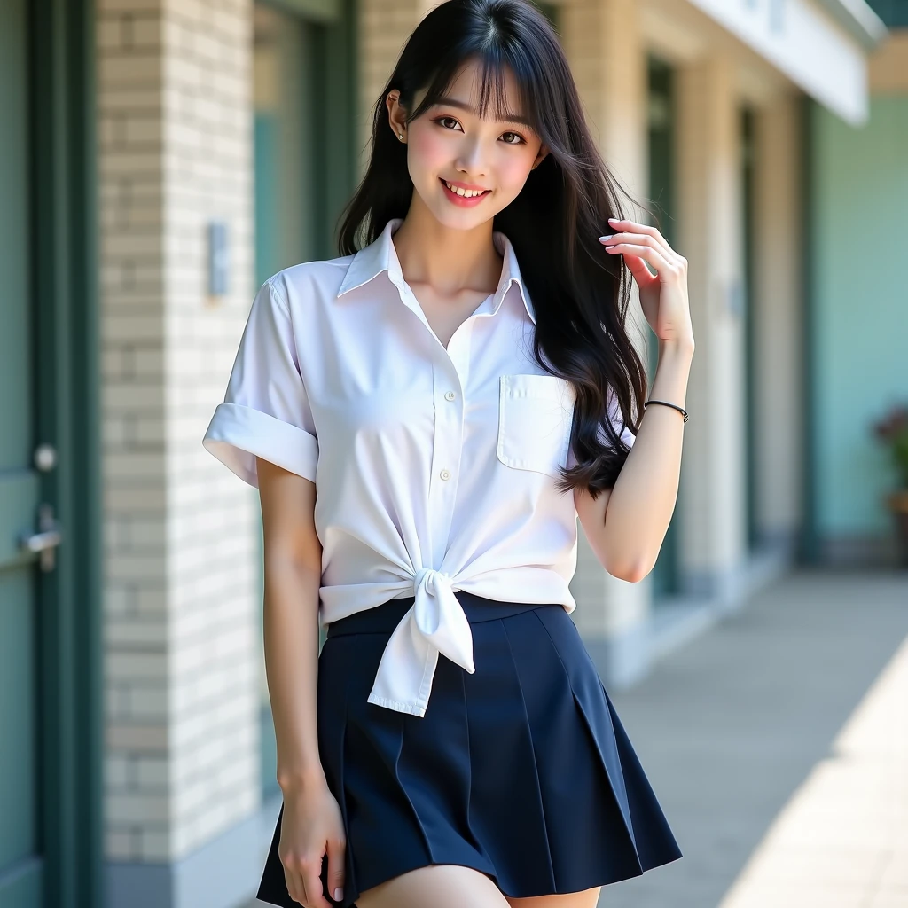 ((16K quality、highest quality, high resolution, real photos))、 (Super realistic、photorealistic)、((long shot、standing full body image))、(((Cute uniformed idol standing and doing splits on the road in Tokyo)))、(((On the sidewalk in Tokyo)))、(((Nogizaka Uniform、Japanese high 、white blouse、long skirt、jumper skirt、美しいbarefoot)))、((Pure white high cut high leg panties))、(sharp V zone)、(((standing_split、i-shaped balance、Raise one leg vertically above your head、stretch your legs、Extend your knees and raise your legs、Grasp the raised leg with one hand、The hem of her navy blue skirt rolls up:1.5)))、(((high kick panty shot、Her white panties are revealed from under her rolled up navy skirt.)))、(((Japan female high school student、透けたwhite blouse)))、(((Semi-length beautiful girl)))、(((brown hair)))、((medium long hair、stick out one ear))、((blue eyes))、 (F cup breasts)、choker、beautiful legs、barefoot、((brown loafers))、(Big eyes、very beautiful and modest makeup, Makeup is light,)、(Cute 10 year old Japanese girl)、perfect body、perfect hands、perfect hands指、detailed and beautiful lips、Clear, beautiful face and well-proportioned eyes、highly detailed eyes and face、well-groomed nose、thin eyebrows、(perfect eyes)、 border light, (soft light, high quality, smooth and sharp, 10x pixelization, beautiful eyeshadow)、(((I'm enchanted、open your mouth)))、 (((ecstatic expression、A face full of pleasure、feel ecstasy、reach the climax、Eyebrows and outer corners of the eyes drop)))、embarrassing、masterpiece、highest quality、detailed and beautiful lips , cute round face, plump thighs、emphasize the thighs、hairstyle with bangs、delicate body、slim、skin that reflects light、model body shape、detailed fingers、beautiful eyes、long eyelashes、8head and body、Low - Angle、light reflected in the eyes、smaller face、double eyelid、big eyes、lip gloss、looking at the camera、background bokeh、Movie lighting from the front、light on the face