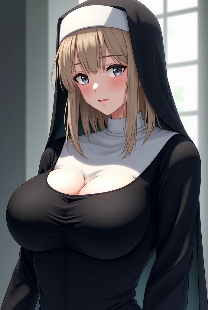 aasister, long hair, nun, habit, white capelet, neck ribbon, (black dress:1.2), long sleeves, white gloves, full-length zipper,(((huge breasts))),expressionless,,arms behind back,upper body,erect nipple,(((dark room))),church,looking viewer,from side