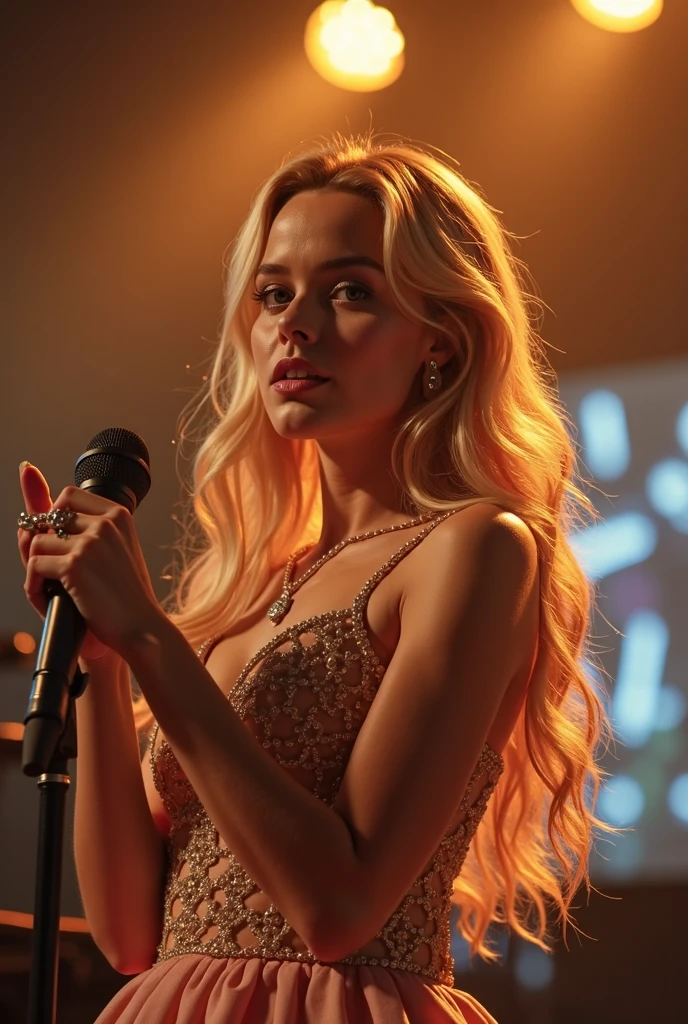solo, realistic, photorealistic, natural lighting, (large forehead, (((Latvian woman))), (((Latvian nose))), (((Latvian eyes))), (((blonde))), (((braids))), (((Latvian face))), (((Latvian lips))), (((Latvian body))), (((fair complexion))) pose: standing, smiling, wearingMesh Overlay Dress, cleavage, background: Tucked away in the heart of the city's vibrant nightlife district, the Intimate Club Gig offers an exclusive experience for music aficionados craving a more personal connection with their favorite artists. The venue is a cozy, dimly lit space adorned with vintage concert posters and graffiti-tagged walls, creating an edgy yet inviting ambiance. Fans pack tightly around a small stage, inches away from musicians who sweat and pour their hearts into each song. The atmosphere is intimate and charged with raw energy as attendees immerse themselves in the raw, unfiltered sound of live music in its purest form.