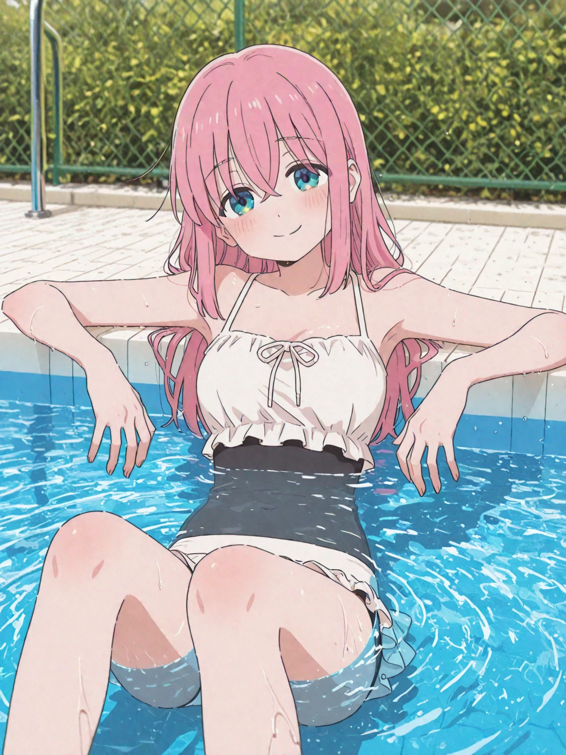 go-toubun no hanayome,nakano nino, pink hair,bangs black_cardigan,black_ribbon,blue_eyes,blunt_bangs,blush,breasts,butterfly_hair_ornament,button_gap,cardigan,green skirt,sketch,1girl,grin, looking back, very short hair, underwear, the pool is so clean that you can see the tiles and steps under it,gotoubun no hanayome, nino nakano, pink hair, blue eyes, big breasts
