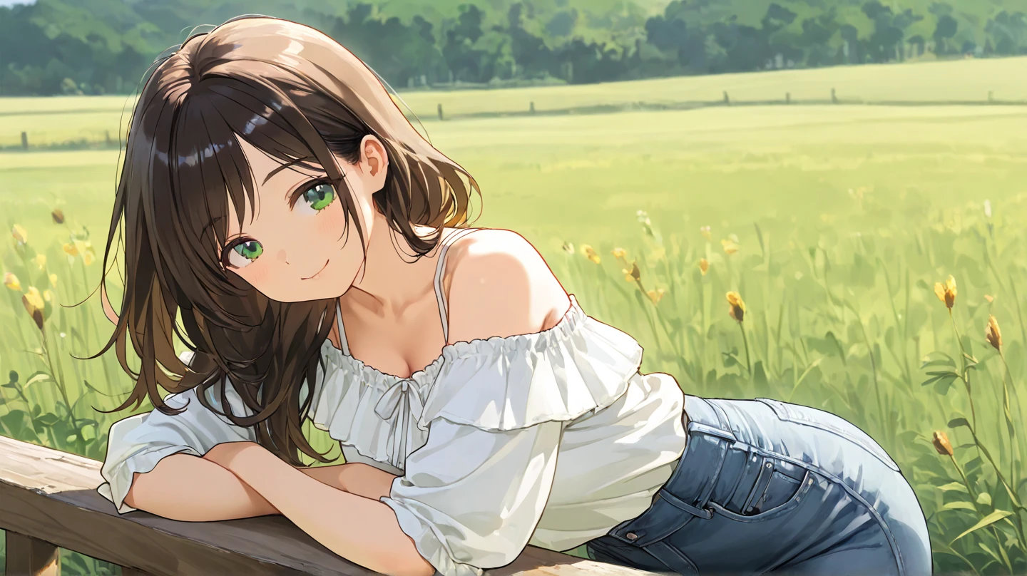 One girl, alone, 20-year-old, Brown eyes, Brown Hair, smile, Nice casual clothes, grassland, Lie down, headphone, masterpiece, Fine Fingers, 最high quality:1.4, high quality, detailed,