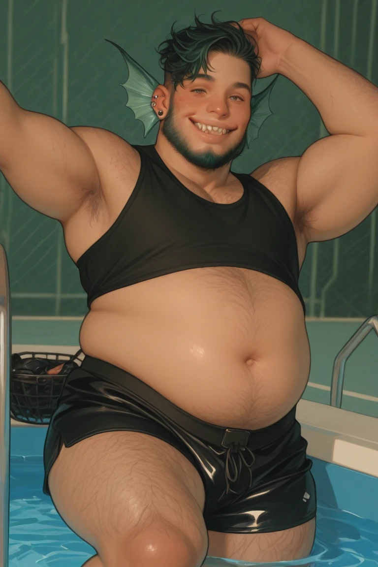 Um homem (((gordo, barrigudo))) e peludo com pele reslista, dentro da piscina, detalhes intrincados