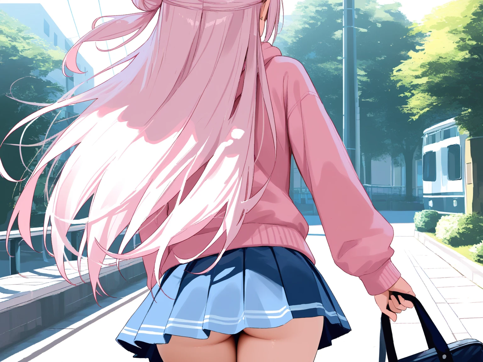 masterpiece, best quality,
view from behind, (view from below:1.7),
1girl, (summer , plaid mini skirt), (pink panties:0.8),
pink hair, smile,
turn around, escalator,