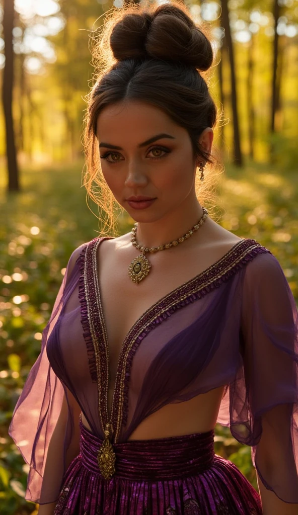 ememyers:1.5, night scene, from top view, extreme close up photo of indian, curvy, big cheeks, hourglass figure, swooping breasts, standing on mountains, necklace, French braid hair, sultry, violet Saree, seductive eyes, look at viewer lusciously, (cinematic:1.3), intricate details, (ArtStation:1.2)