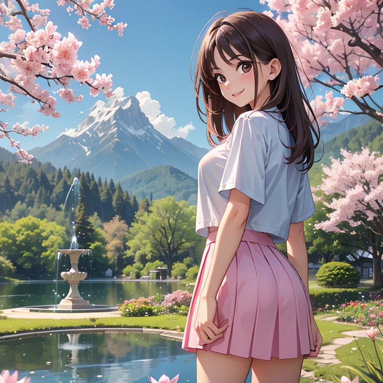 A young girl with long brown hair, brown eyes and average breasts is smiling and seductively posing wearing a pink miniskirt, white short sleeve blouse and light blue jacket, looking back over her shoulder, holding her hand on her chest, standing in front of a park with cherry blossoms, a pond with a small fountain and gazing at the mountains in the distant background.
