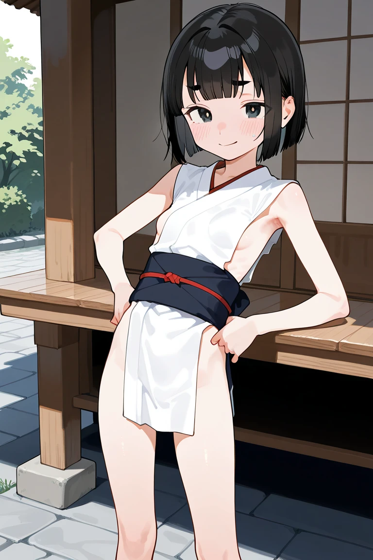 masterpiece, best quality, girls group shot, 10yo, (petite), cowboy shot, from above,
grin, standing, small breasts, naked yukata, alley,