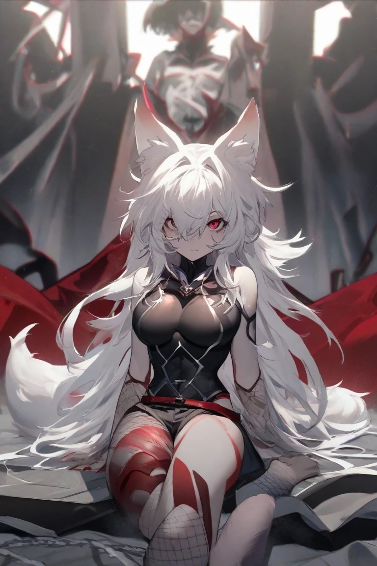 (masterpiece), Highest quality, Expressive eyes, Perfect Face,((One girl)),Animal ears,Animal tails,(Wolf Ear, Wolf's tail),((Silver Hair)),(Glowing red pupils),(Huge breasts:1.2),Cleavage,(Wolf Girl:1.5),(Dark red and black idol:1.5),Crystal Pendant,Pointed Ears,Bracelet,bracelet,Wicked Smile,Are standing,Tilt your head,Dynamic Angle,Sexy pose,(Red Moon Scenery),(Red Night:1.1),(Red Sky 1:1),magic circle,Red Chain,arms,Scythe,holding arms down