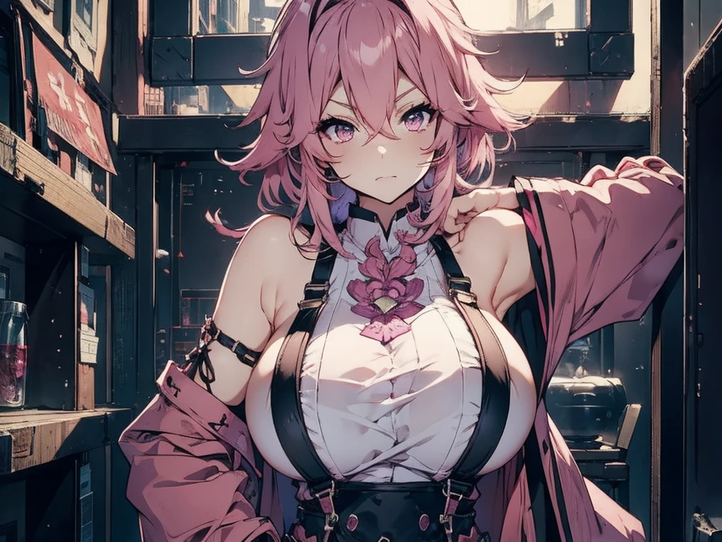 "yae miko (masterpiece:1.2, best quality), (dynamic lighting) 1 lady, solo, short hair, big breasts, (shiny skin:1.2), upper body, wavy pink hair, harajuku style, ahoge, sitting"