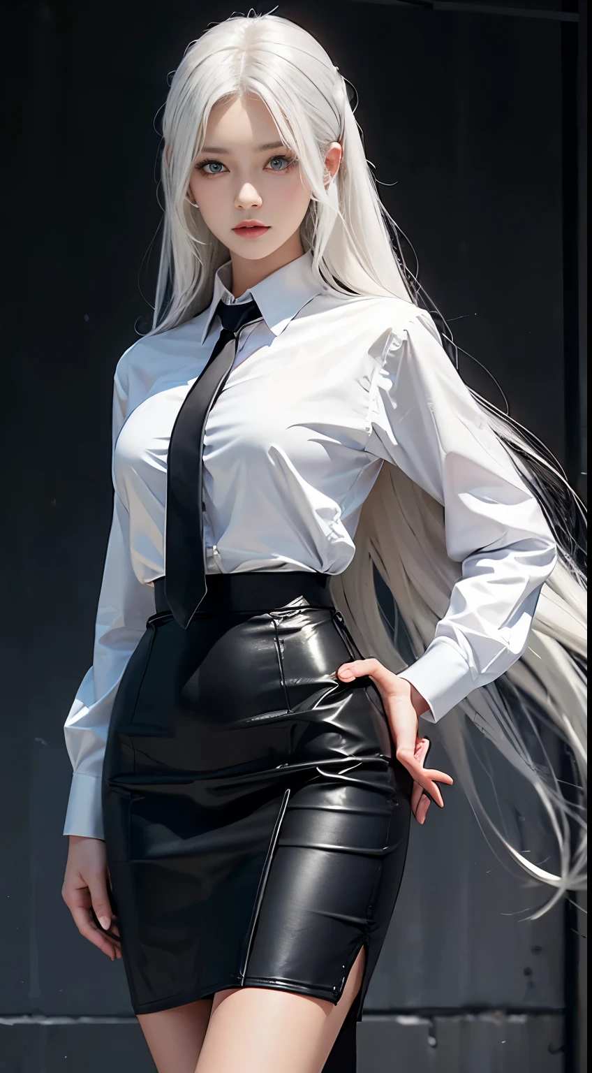 (((1 girl)),ray tracing,(dim lighting),[detailed background (living room)),((silver hair)),(silver hair)),((Fluffy silver hair, plump and slender girl)) with high ponytail))) Avoid golden eyes in the ominous living room ((((Girl wears white opaque shirt, black wrinkled skirt with black transparent stockings), showing a delicate and slender figure and graceful curves, correct limbs, hands behind the head, hands behind the head, hands behind the head , eye details, beautiful eyes, delicate eyes, blue eyes