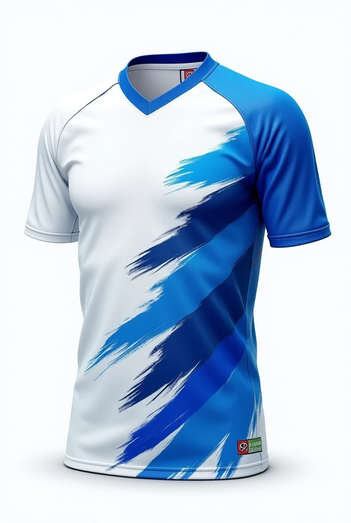 White football team jersey, deep blue brush paint illustration of parts of cool soccer ball image on body.
Keep space for logo on one side of chest, but remove the logos