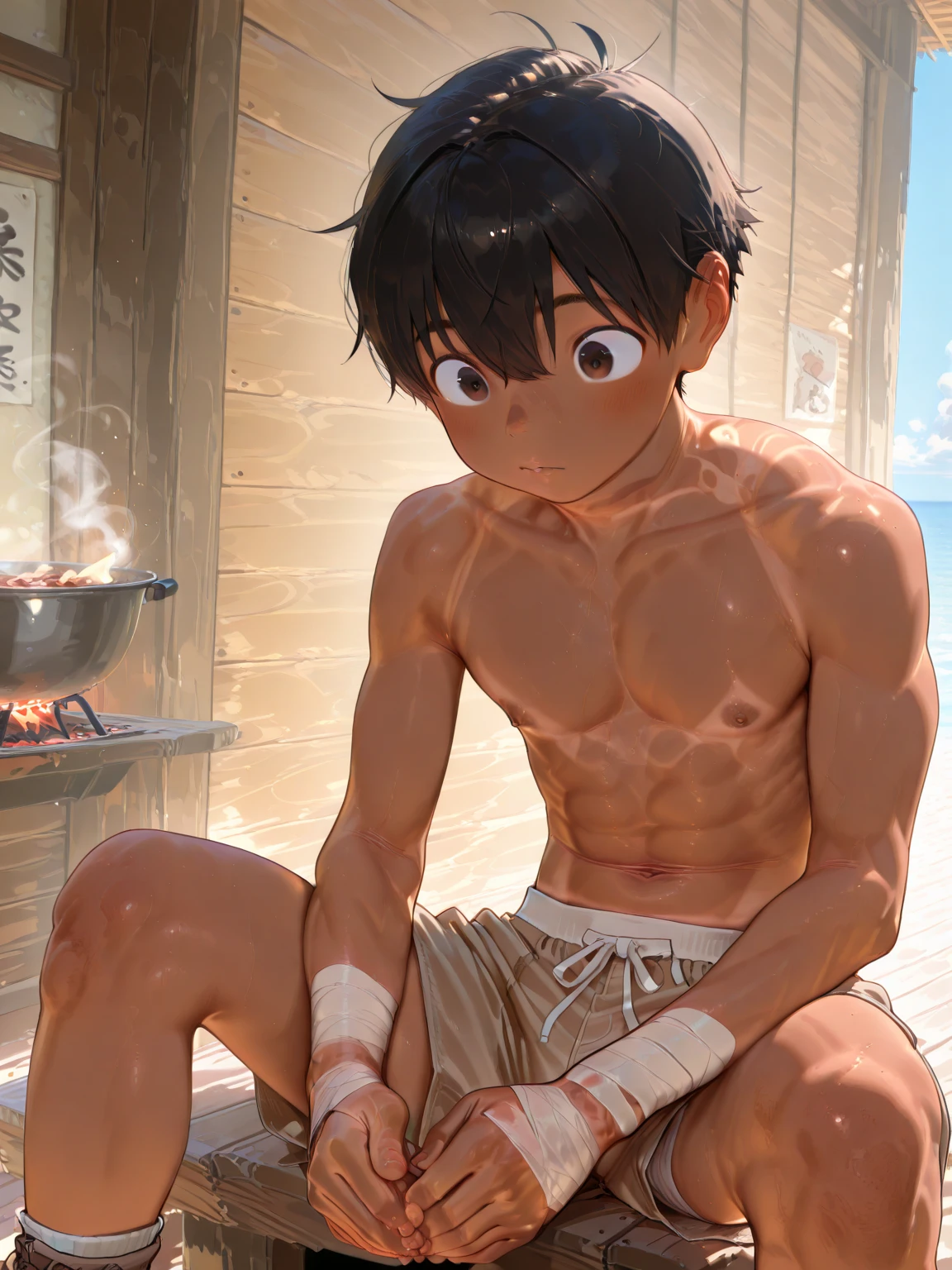 High resolution, masterpiece, The best quality at its best,最high quality,high quality, Height Details, One boy, Young Boy, Shota, 10-year-old boy, Viewed from the front, Sexy Body, (very Young Boy), (Very small and short body), Long Hair (naked, 綺麗なnaked), hot spring，bathing