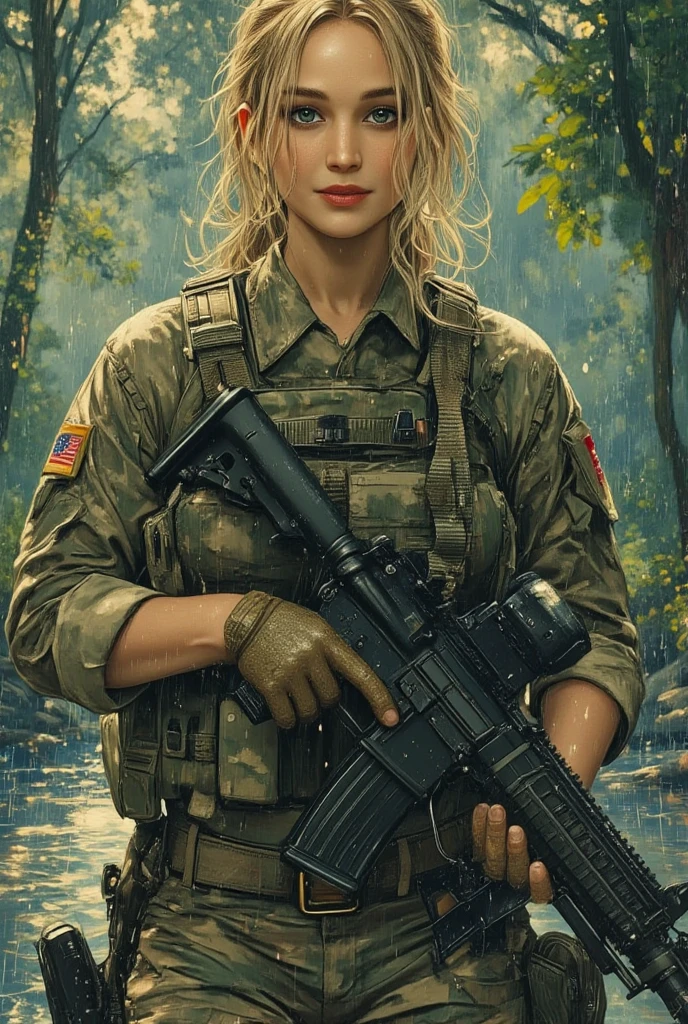 photo realistic, 1 beautiful lady wearing military soldier costume, full camo uniform, military boots, a sturdy olive green belt, military helmet, ammunition pouches,  8k, volumetric light, forest background, masterpiece, ultra details, intricately detailed