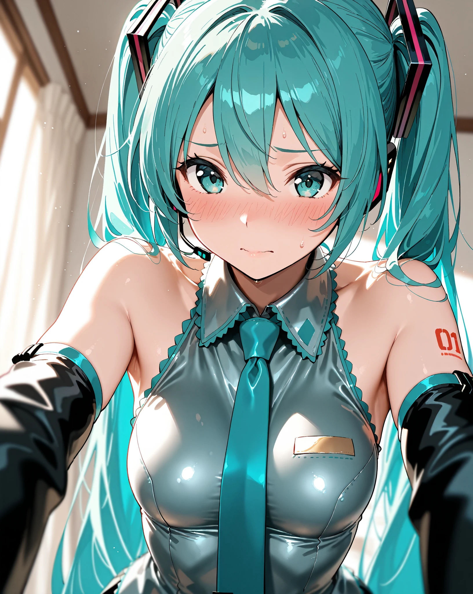 (((anime-style cute face))),(((One Woman、Hatsune Miku))),Highest quality, (Sharp details), (8k, RAW Photos, Highest quality, masterpiece), (extremely detailed 8k wallpaper),Professional Lighting,Sharp focus, Depth of written boundary、Ticker,(((Face close-up)))、(looking at the camera),((((very happy face))))、Very big eyes、anatomically correct body、Big thighs、Light from the front、The face is bright、Late Night Tokyo、Healthy beautiful breasts、Slightly muscular、(Costume(Pink high leg suit)(Naughty Fishnet Stockings)(Police officer's hat)(Black Belt)(Military Boots))、Cleavage、Nipples erect、(Lewd)、Shot from above、lure、Lots of sweat、Accentuate your body lines