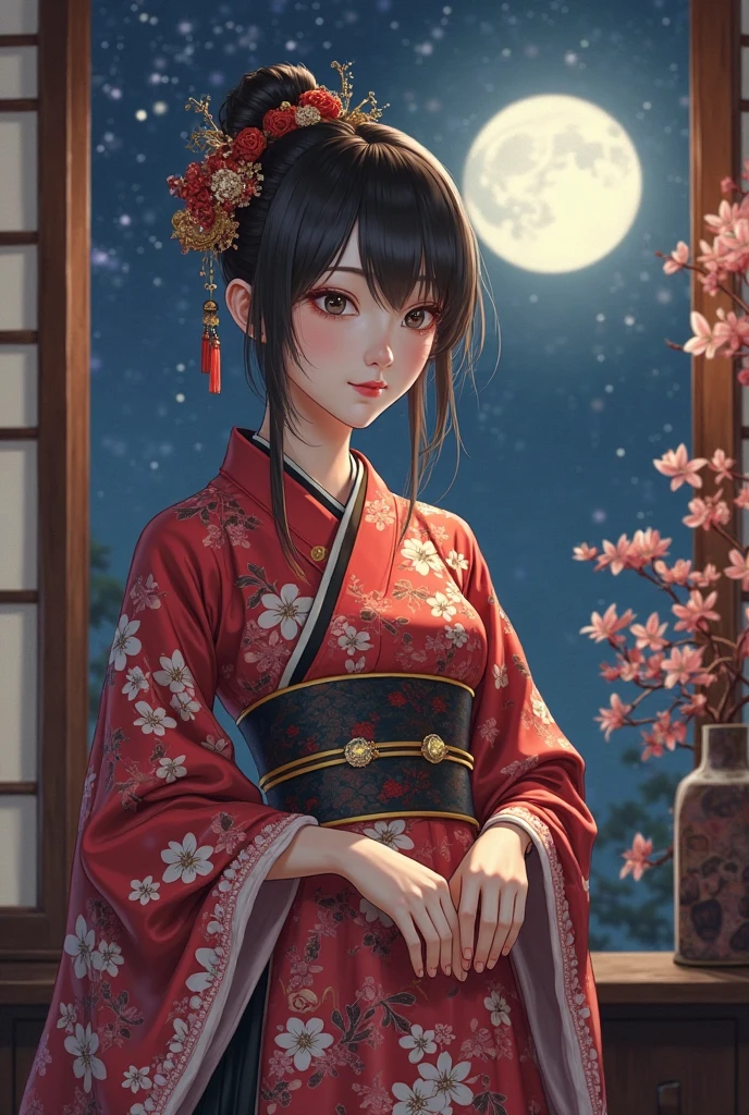 ((Praying Hands)),Upper Body,((Looking at the audience)),Facing the front,Gorgeous red kimono,Intricate patterns that complement the kimono,Long black hair,Pink cherry blossom hair accessory,Beautiful and delicate face,blue eyes,Big eyes,Extremely fine resolution,Highest quality,Golden Background,((Golden Moon)),Mysterious,Cherry Blossoms at Night