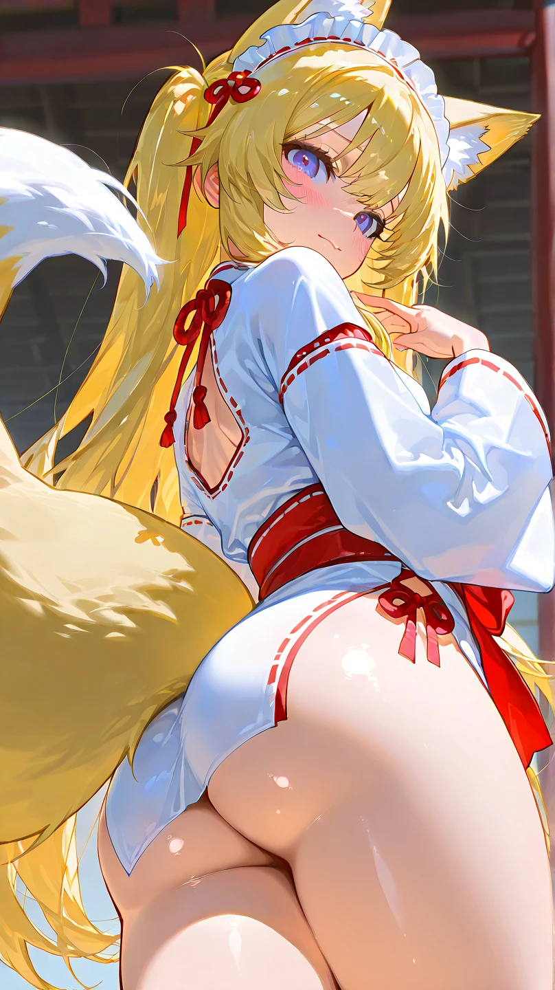 1girl, solo, long hair, breasts, looking at viewer, blush, bangs, navel, animal ears, brown eyes, closed mouth, tail, swimsuit, grey hair, bikini, barefoot, flat chest, gradient, fox ears, , gradient background, fox tail, white bikini, squatting, fox girl, yellow background、long hair, multiple girls, blonde hair, hair ornament, bow, ribbon,  twintails, hair ribbon, flower, ahoge, white hair, hair bow, heart, thighs, censored, japanese clothes, indoors, hair flower, kimono, clothes lift, from behind, mosaic censoring, two side up, legs, sash, black ribbon, black bow, siblings, obi, bent over, sisters, wooden floor, white kimono, cleft of venus, facing away, print kimono, presenting, take your pick, heart ahoge,show off pussy,bottomless,skirt lift,