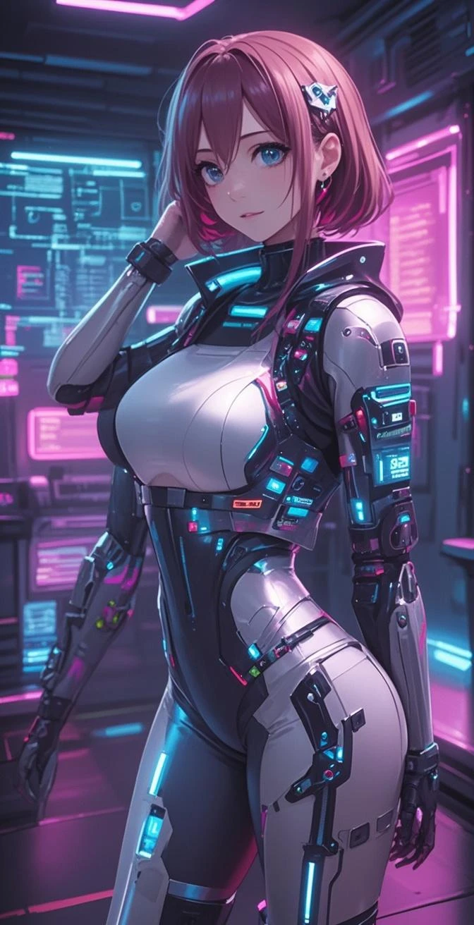 (best quality,4k,8k,highres,masterpiece:1.2),ultra-detailed,(realistic,photorealistic,photo-realistic:1.37),androids,Heavily stylized gorgeous scantily clad (Japanese:1.1) women,deep space exploration vehicle,neon lights,metallic surfaces,futuristic technology,shiny chrome,powerful engines,glowing energy pulsations,airy atmosphere,cosmic background,laser beams,curved lines,sharp contours,vibrant colors,stunning beauty,dynamic poses,sleek appearance,hidden weapons,posh interiors,advanced control panels,exquisite craftsmanship,floating particles,body modification,exotic hairstyles,artificial intelligence integration,perfect symmetry,mesmerizing eyes,fierce expressions,strategically positioned accessories,cybernetic enhancements,sci-fi concept artists,neon blue accents,luscious lips