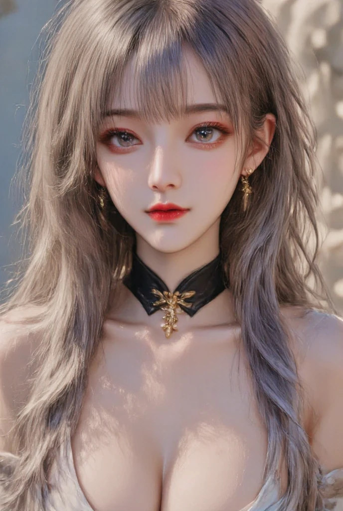 super detailed, Detailed face, Realistic style photos, movie stock photography , rich and colorful, surreal, Realistic texture, dramatic lighting, film alembic 800 (8K, original photo, better quality, masterpiece: 1.2), super detailed, (highly refined skin: 1.2), 8K Ultra HD, SLR camera, soft light, high quality, ice queen, Elf Princess, ice castle,blue pupils,Apply red lipstick,Tattoos all over the body,tattoo queen,hair is very long,Black tattoo on arm,Chinese characters tattoo on chest