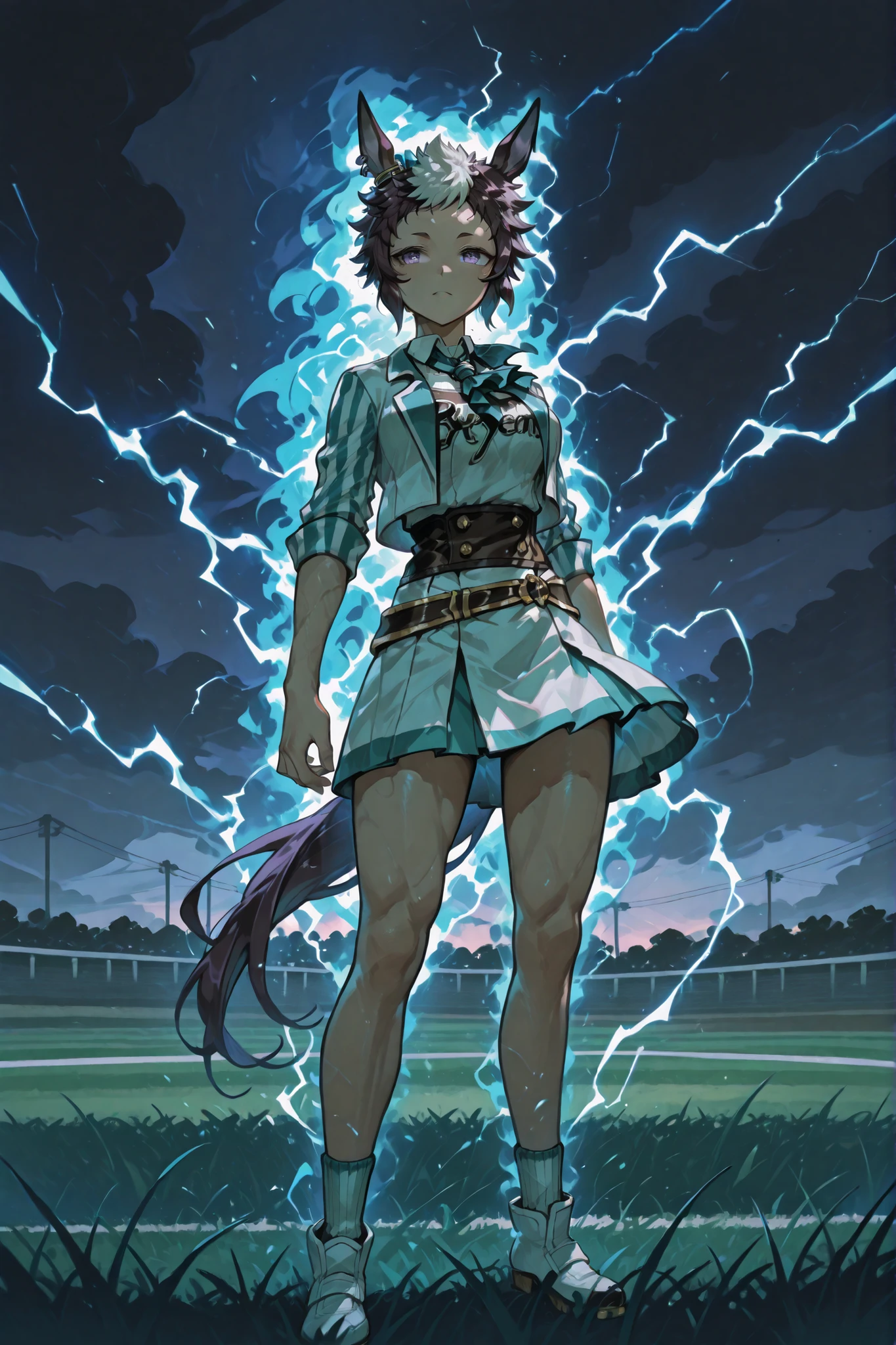 mejiro ryan (umamusume), a cold condescending look, standing confidently on a grassy racetrack, surrounded by a blazing blue aura with swirling energy, dark stormy sky with a faint lightning glow, hair and outfit flowing in the wind, cinematic lighting, anime style, ultra-detailed, 4K resolution, super muscle Waist-thick legs