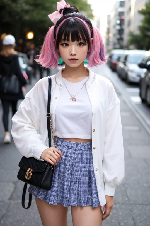 Close-up of a girl wearing a pink and gray jacket, inspired by anime, Beautiful anime style, 美丽的anime girl, anime girl in real life, anime style mixed with Fujifilm, colorful braids, cute colorful cute, A beautiful anime portrait, anime style4 K, anime style, anime girl, style anime, beautiful anime girl, anime atmosphere, anime style, with beautiful colors