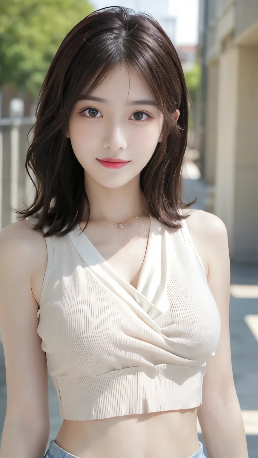 (Realistic、Photorealistic:1.37)、(8K、Raw photo、highest quality、masterpiece:1.2)、cute、Very detailed、Heart shaped eyes、Physically Based Rendering、超A high resolution、Kodak Vision Color、Filmed with an Arricam LT camera、Bokeh、Sharp focus、Watching the audience、Photorealistic、Realistic、one person、Photorealistic、highest quality、Highly detailed face、Highly detailed eyes and face、beautiful and white skin、Beautiful and detailed、An unforgettable smile、refreshing、（Beautiful long hair）、｟White knit｠、（Off-the-shoulder clothing）、｟Black Mini Skirt｠｟Random Pause｠｟Beautiful feet｠（Foot fetish）（Leg fetish）、（I can see her cleavage）｟Whole body image｠