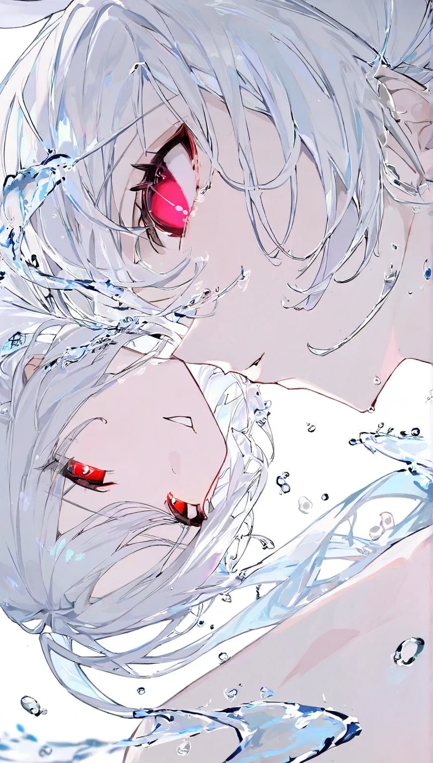 masterpiece, best quality,Illustration, Wallpaper, ultra detail, absurdres, 1girl, (mature female), solo, (liquid hair:1.2), (detailed eyes), large breasts, (close-up), long hair, bangs, white hair, off shoulder, covered nipples, looking up, upside-down, waves, water, water drop, walking on water, (ocean:1.3), (beach, sun) , <lora:liquidEffects_v08:1>