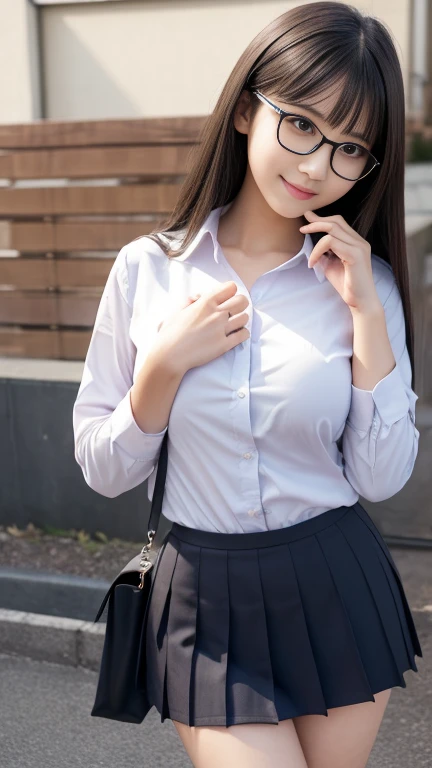(8k, RAW Photos,Highest quality, High resolution:1.1), (Ultra-realistic:1.4),(Realistic, Realistic:1.3),The Beauty of Japan、big breast, thin weast:1.3, thin legs, school uniform, short sleeve shirt, white Hisocks, brown loafers, classroom, (all body), from side, S字ポーズ, gazing into the distance:1.9