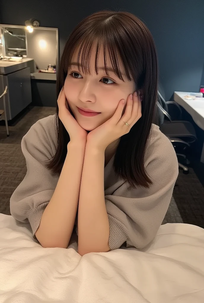 1 female,beauty,Beautiful Face,smile,polo neck bodycon dress、Grey clothes、one piece、(No sleeve:1.4),(Tight fit:1.3) 、,A dignified appearance,Plump Style,,(Saggy breasts:1.3)、(Peeking into this、Front view),Focus on the chest,Ultra-realistic,Ultra-high resolution,highest quality,8k,masterpiece,(Hotel Indoor、Shooting in bed:1.3)、The cutest Yoshioka Riho