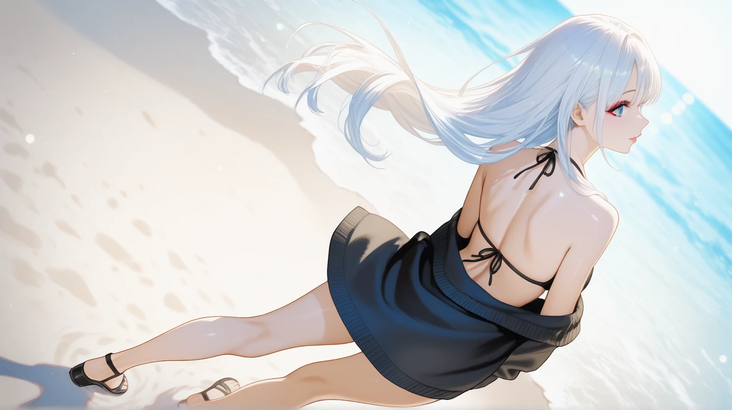 photo of anime girl on the beach with white hair and purple eyes, black bikini with and very hot with long hair and in a meeting with her friends with big ass and big tits doing ass poses