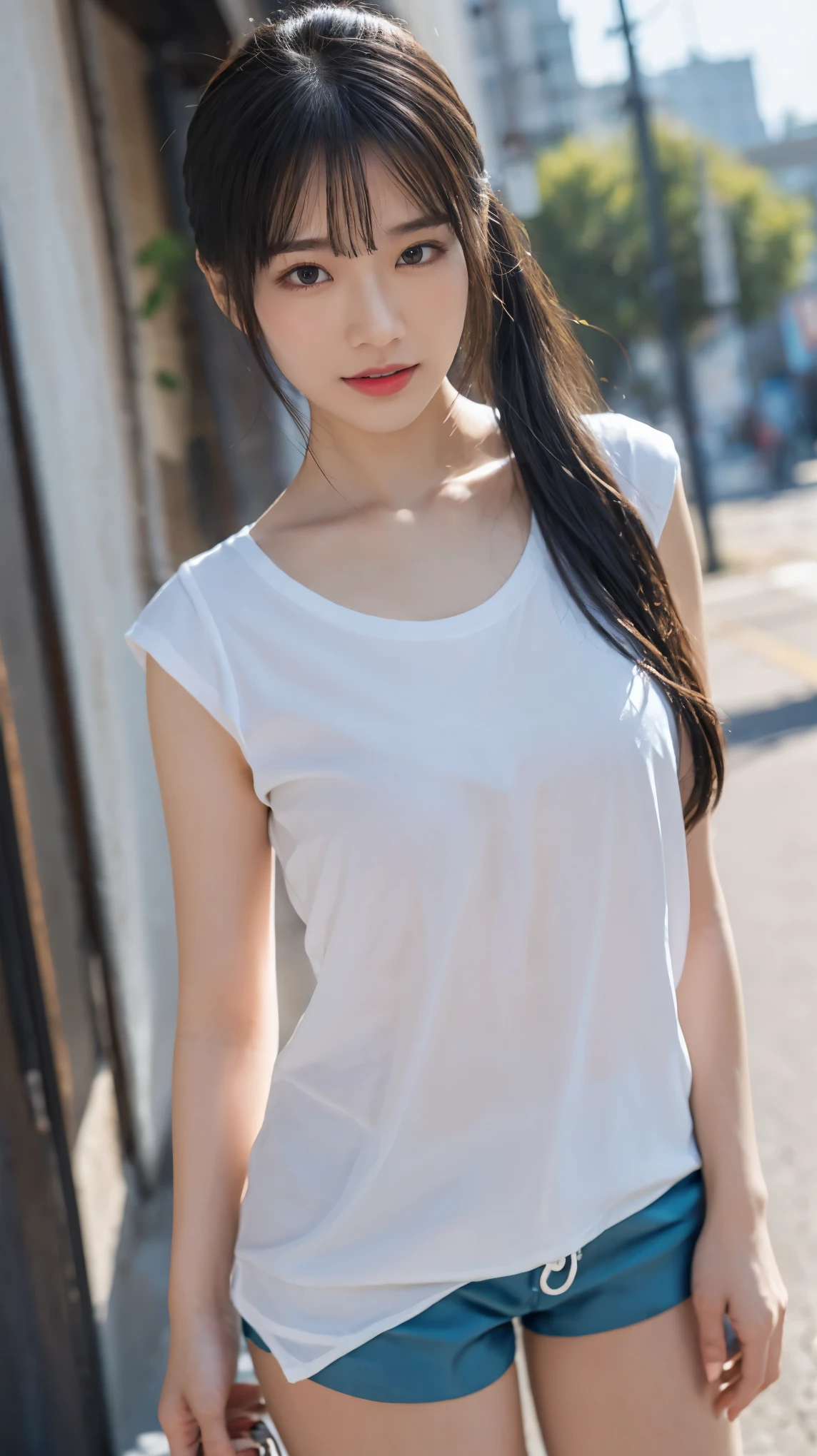 RAW, masterpiece, best quality, extremely detailed, 8k, HDR, photorealistic, intricate, A skinny Asian girl, she has an extremely slim body with (narrow and small hips), long straight hair, cleavage, wearing a short sleeves shirt and extremely short black flared microskirt, extremely-white skin, smile, standing, outdoors
