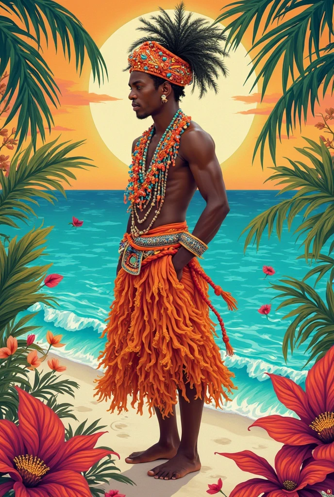 1man, 5'11", dark-skinned, athletic with slight toned musculature, ((Haitian Taino man, naturally textured freeform braided hair)), wearing tight luxurious black tank top, wearing flowing cerulean hakama with detailed sash with metallic detailing and kunai on waistband, dark-wood geta, holding crystal dagger, looking at sunset horizon on the shores of Jacmel Haiti, full body in frame